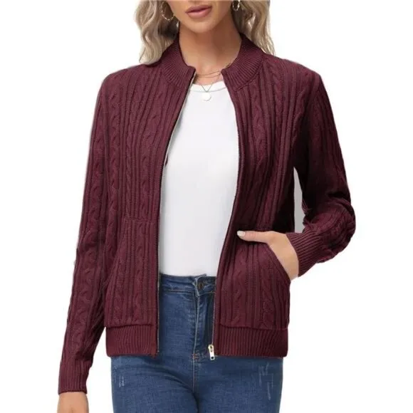 Women's Zip Up Cable Knit Sweater Burgundy