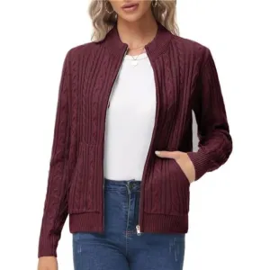 Women's Zip Up Cable Knit Sweater Burgundy