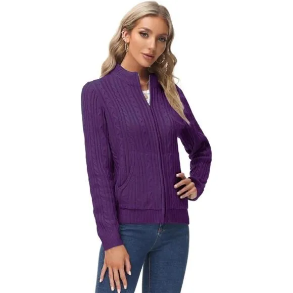 Women's Zip Up Cable Knit Sweater Purple