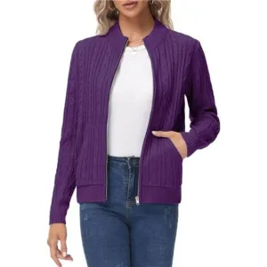 Women's Zip Up Cable Knit Sweater Purple