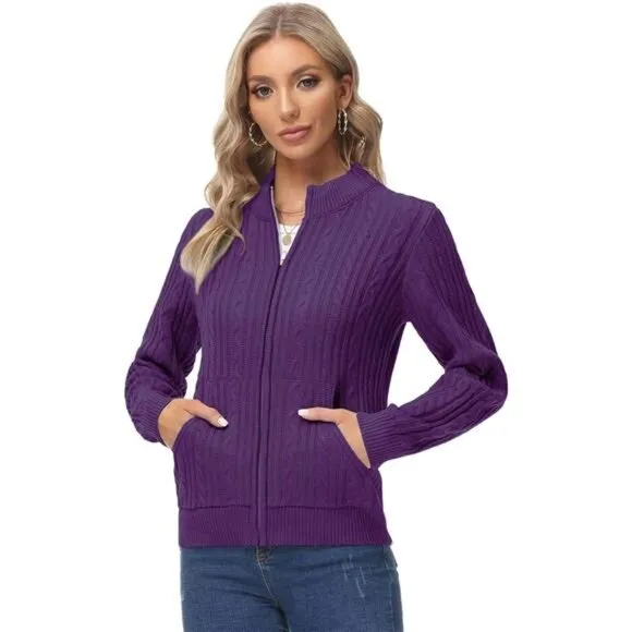 Women's Zip Up Cable Knit Sweater Purple