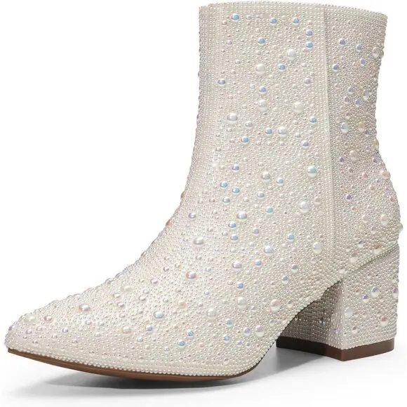 Yayone Zipper Sparkly Ankle Boots Women Size (6.5 X 10) White Fabric Rhinestone