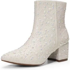 Yayone Zipper Sparkly Ankle Boots Women Size (6.5 X 10) White Fabric Rhinestone