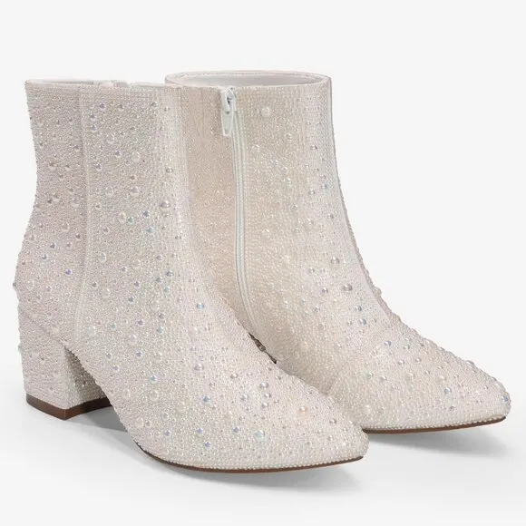Yayone Zipper Sparkly Ankle Boots Women Size (6.5 X 10) White Fabric Rhinestone