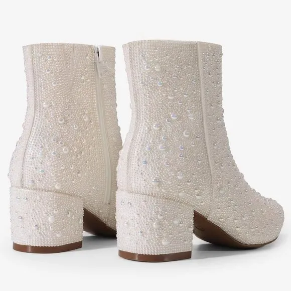 Yayone Zipper Sparkly Ankle Boots Women Size (6.5 X 10) White Fabric Rhinestone