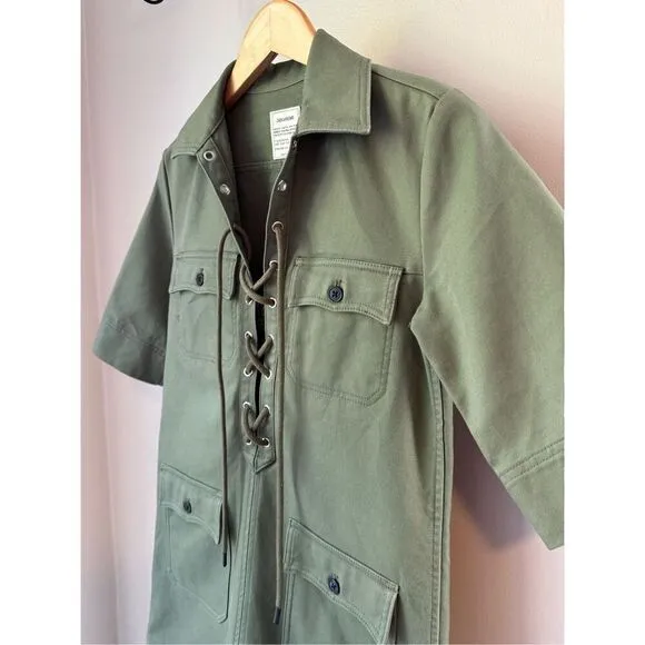 ZADIG &amp; VOLTAIRE Green Military Lace Up Shift Dress With Embroidered Tiger