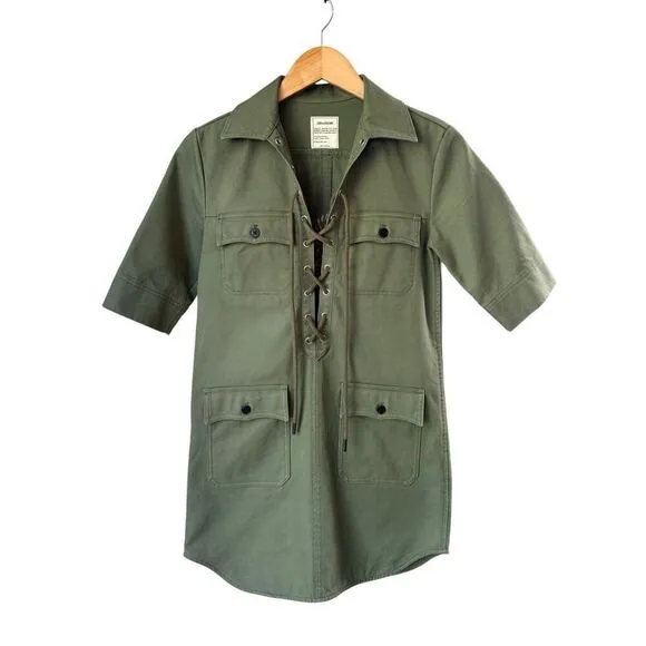 ZADIG &amp; VOLTAIRE Green Military Lace Up Shift Dress With Embroidered Tiger