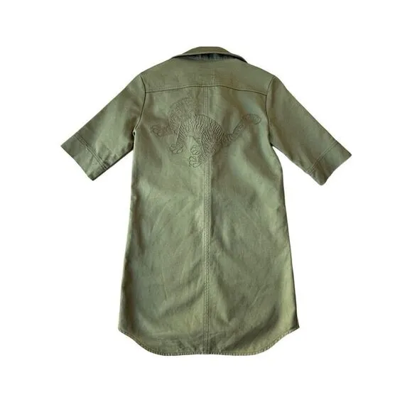 ZADIG &amp; VOLTAIRE Green Military Lace Up Shift Dress With Embroidered Tiger