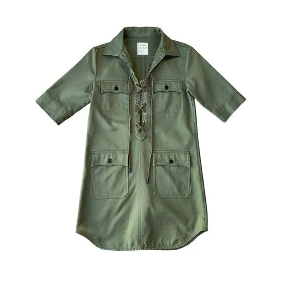 ZADIG &amp; VOLTAIRE Green Military Lace Up Shift Dress With Embroidered Tiger
