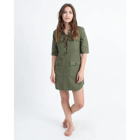 ZADIG &amp; VOLTAIRE Green Military Lace Up Shift Dress With Embroidered Tiger