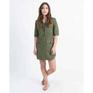 ZADIG &amp; VOLTAIRE Green Military Lace Up Shift Dress With Embroidered Tiger