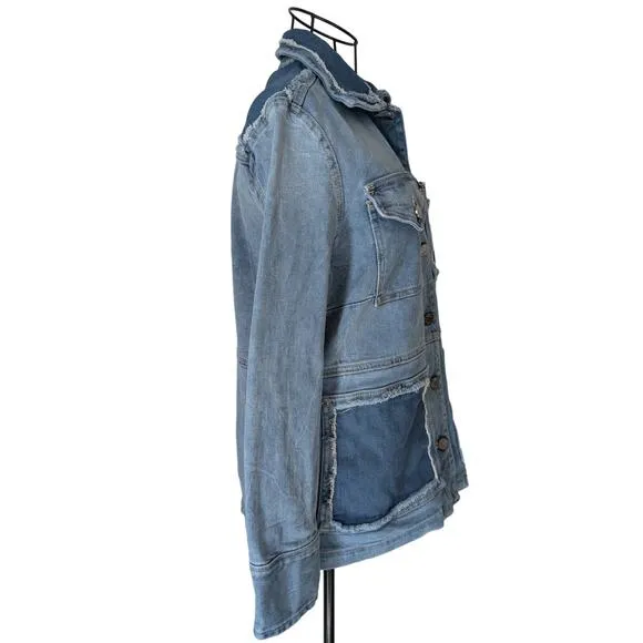 Zadig &amp; Voltaire Kick Destroy Distressed Patchwork Pocket Blue Denim Jean Jacket