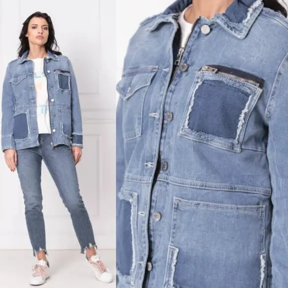 Zadig &amp; Voltaire Kick Destroy Distressed Patchwork Pocket Blue Denim Jean Jacket