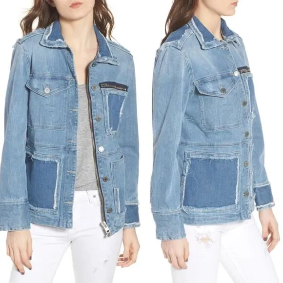 Zadig &amp; Voltaire Kick Destroy Distressed Patchwork Pocket Blue Denim Jean Jacket