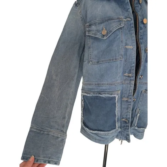 Zadig &amp; Voltaire Kick Destroy Distressed Patchwork Pocket Blue Denim Jean Jacket