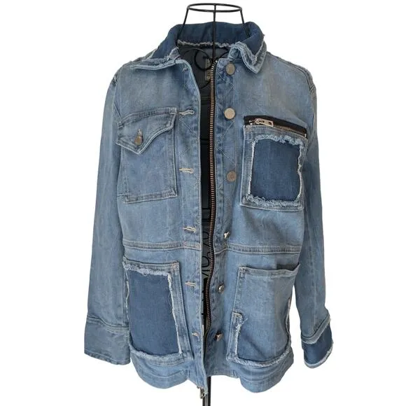 Zadig &amp; Voltaire Kick Destroy Distressed Patchwork Pocket Blue Denim Jean Jacket
