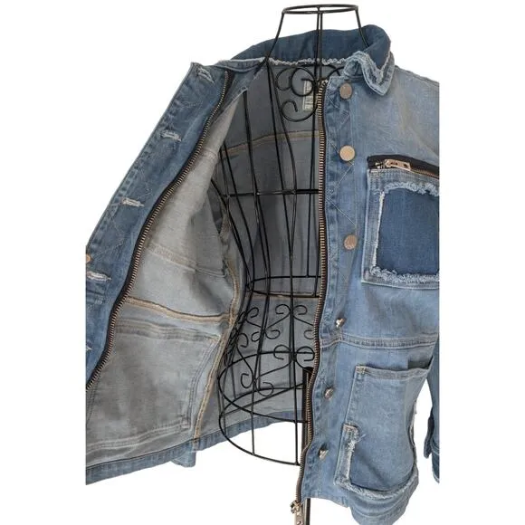 Zadig &amp; Voltaire Kick Destroy Distressed Patchwork Pocket Blue Denim Jean Jacket