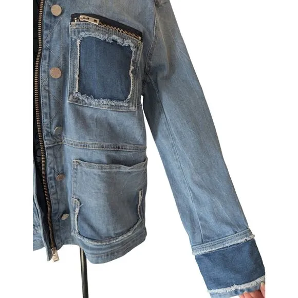 Zadig &amp; Voltaire Kick Destroy Distressed Patchwork Pocket Blue Denim Jean Jacket