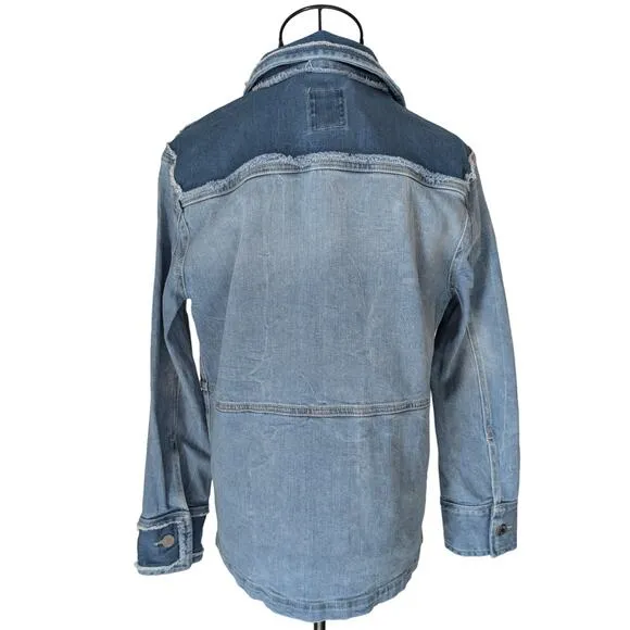 Zadig &amp; Voltaire Kick Destroy Distressed Patchwork Pocket Blue Denim Jean Jacket
