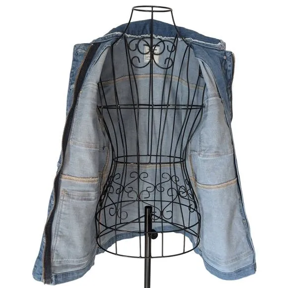 Zadig &amp; Voltaire Kick Destroy Distressed Patchwork Pocket Blue Denim Jean Jacket