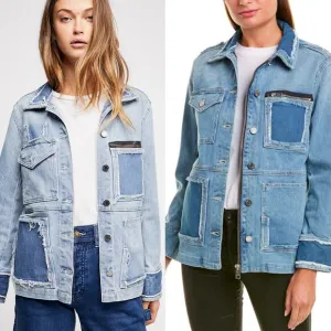 Zadig &amp; Voltaire Kick Destroy Distressed Patchwork Pocket Blue Denim Jean Jacket