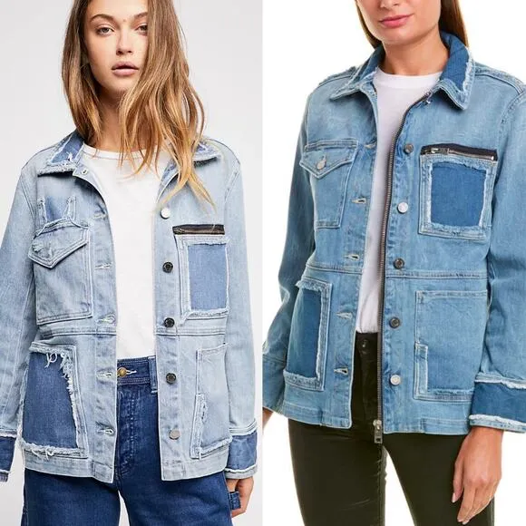 Zadig &amp; Voltaire Kick Destroy Distressed Patchwork Pocket Blue Denim Jean Jacket