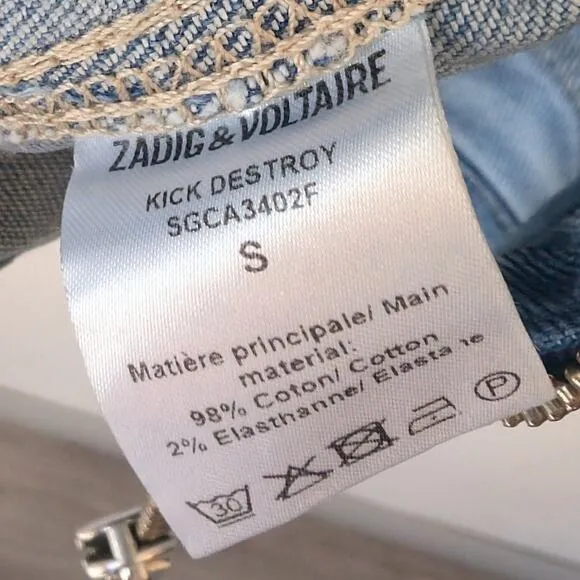Zadig &amp; Voltaire Kick Destroy Distressed Patchwork Pocket Blue Denim Jean Jacket
