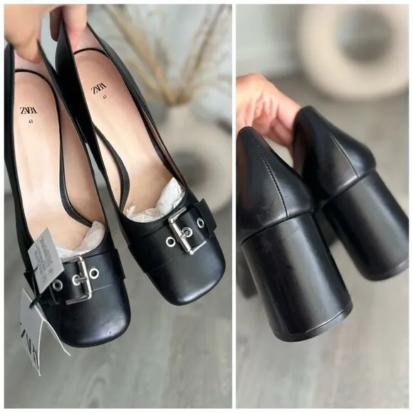 Zara Buckled Leather Shoes Heels New