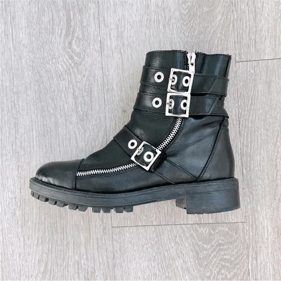 Zara Flat Leather Biker Faux Fur Boots Ankle