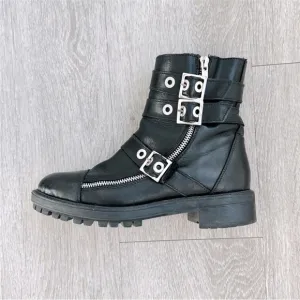 Zara Flat Leather Biker Faux Fur Boots Ankle