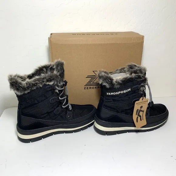 ZeroXposur Montana Short Boots Leather Faux Fur Lace Up Caviar Black Size 7 NEW